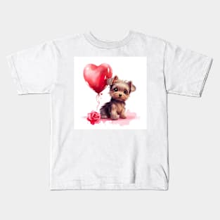 Cute Yorkshire puppy with valentine balloon and rose Kids T-Shirt